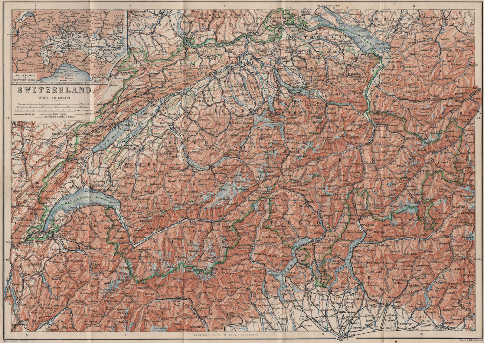 Map of Switzerland Suisse Schweiz. Northern Italy railways carte karte 1897